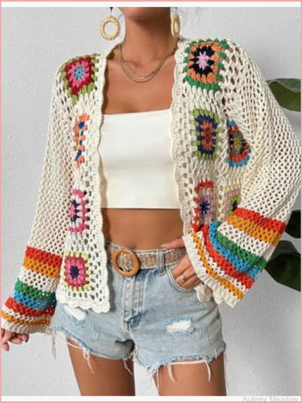 Floral Crochet Cardigan Boho Open Front Long Sleeve Knit Sweater - Picture 4 of 5